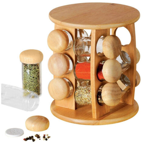 Especiero con recipientes, de madera, giratorio, 13 piezas.