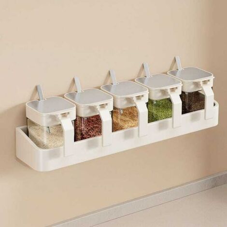 Especiero de pared de acero inoxidable con 5 tarros – Soporte compacto para especias, diseño moderno, almacenamiento optimizado, 39 x 8,7 x 5 cm, blanco crema