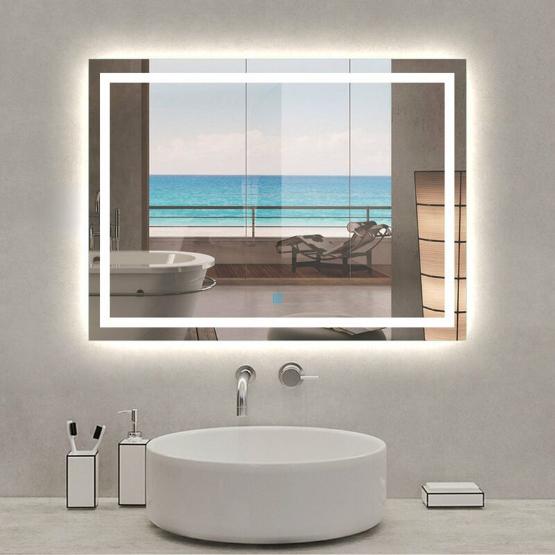 

80X60cm Espejo de baño con iluminación LED Frío Blanco Espejo Rectangular con Función Antiniebla,Interruptor Táctil, Espejo Montado en Pared