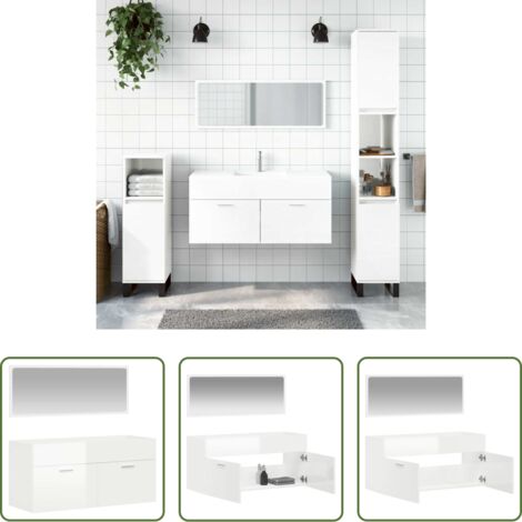 Espejo -  Armario de baño con espejo madera de ingeniería blanco brillo