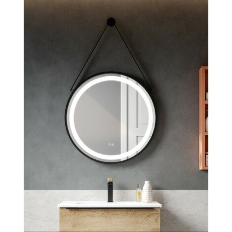 Espejo Colgante Redondo Baño Luz LED  Doble Sensor Táctil  Borde Negro 60 cm
