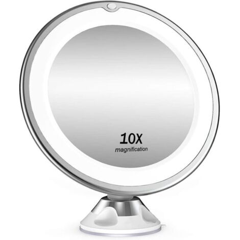 Espejo cosmético con aumento de 10x, iluminación LED, giro de 360° y ventosa – ideal para el baño o para viajar.