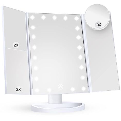 Espejo cosmético con luces, aumento 2X, 3X, 10X, plegable, con pantalla táctil, portátil, con LED y doble fuente de alimentación (blanco + 10X).