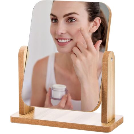 Espejo cosmético de madera - Espejo de pie pequeño de 360° - 21 x 18 cm - Con soporte - Espejo de maquillaje de madera - Espejo de afeitar - Espejo de sobremesa - Espejo de escritorio - Para baño, dor