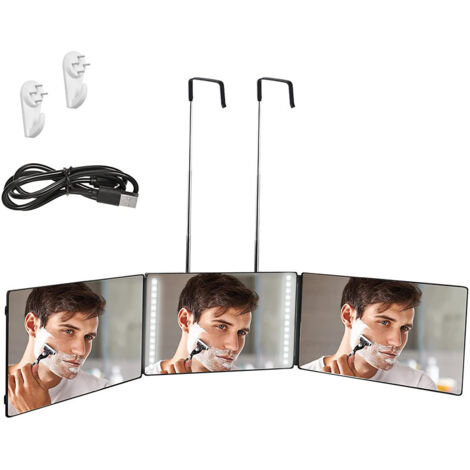 Espejo de 360 grados: espejo colgante de 360 grados, espejo para afeitarse con delantal, espejo de 3 vías con soportes, espejo plegable para cortarse el cabello usted mismo, espejo cosmético