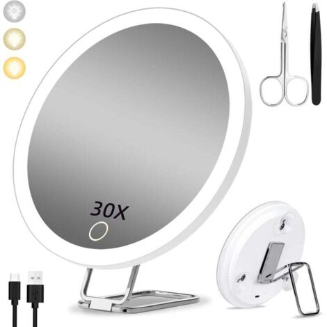 Espejo de aumento 30x con luz, 15 cm, 3 modos de color, espejo de maquillaje iluminado con atenuación 30x, espejo de aumento de viaje grande recargable con 3 ventosas y soporte de mesa de 360 grados