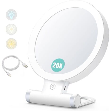 Espejo de aumento con luz, 20x/1x, doble cara, espejo de maquillaje portátil, iluminación de 3 colores, pantalla táctil regulable