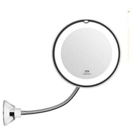 Espejo de aumento flexible con luz LED, aumento de 10x, potente ventosa, espejo de maquillaje iluminado.