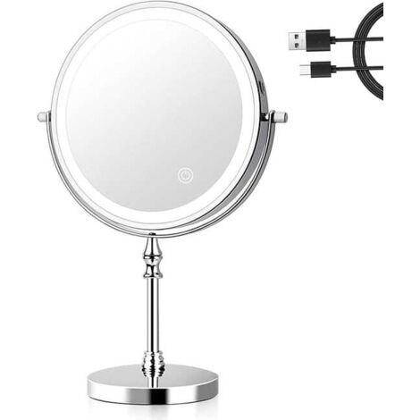 Espejo de aumento iluminado de 8 pulgadas, espejo de maquillaje iluminado de 3 colores, aumento de 1x/10x, carga USB, espejo de mesa giratorio de 360°, para