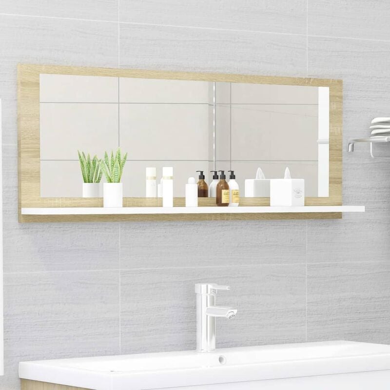 

Espejo de baño aglomerado blanco y roble Sonoma 100x10,5x37 cm