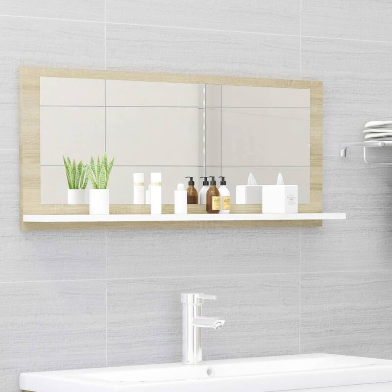 

BHD - Espejo de baño aglomerado blanco y roble Sonoma 90x10,5x37 cm