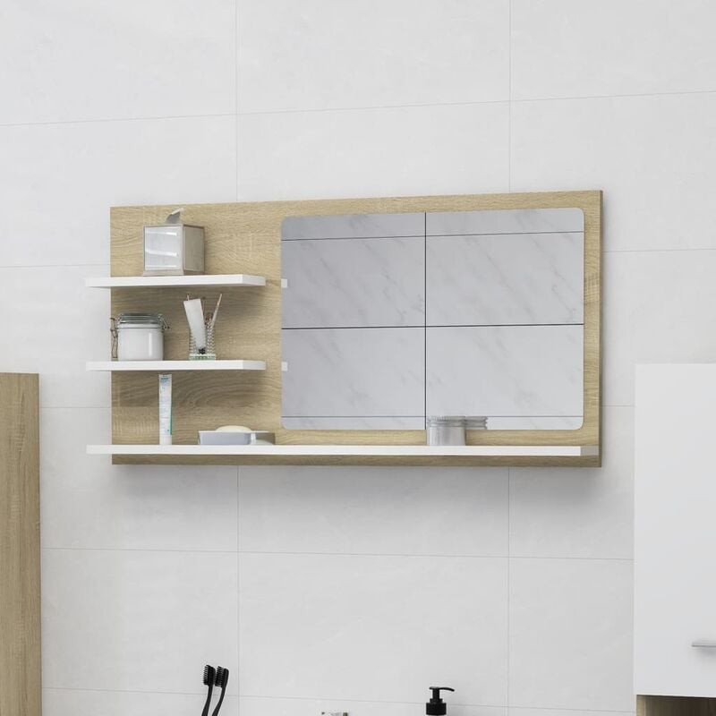 

BHD - Espejo de baño aglomerado blanco y roble Sonoma 90x10,5x45 cm