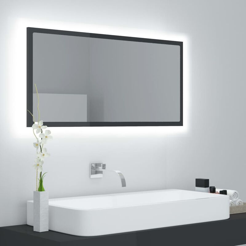 

Espejo de baño con LED aglomerado gris brillante 90x8,5x37 cm