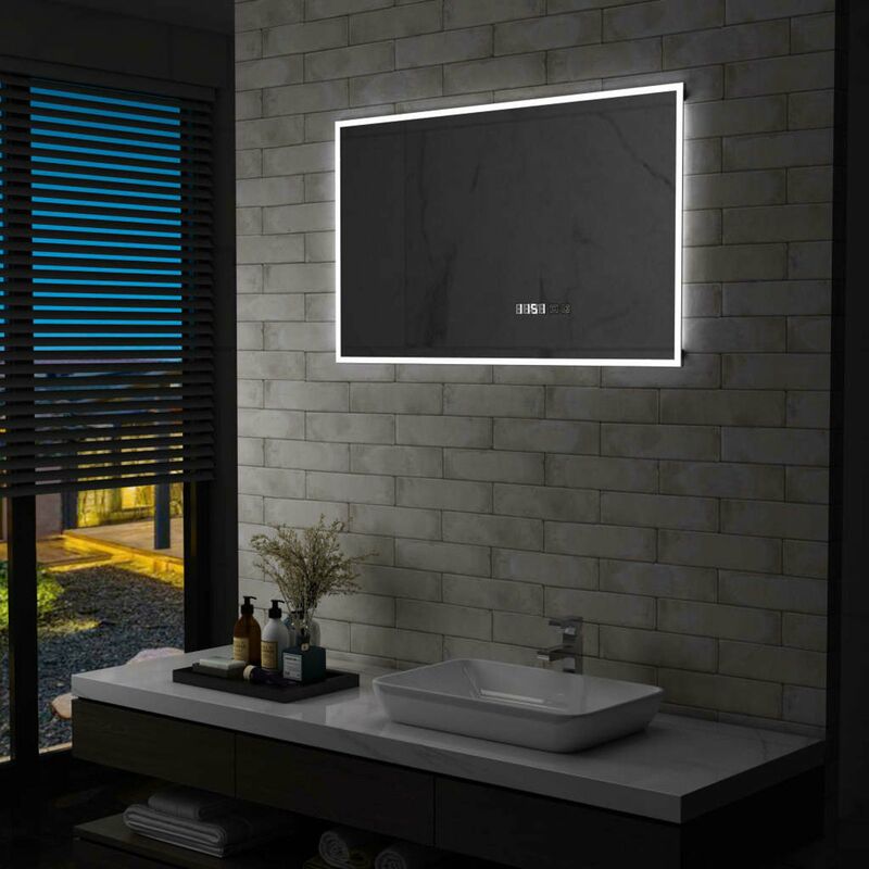 

Happyshopping - Espejo de bano con LED, sensor tactil y reloj 100x60 cm