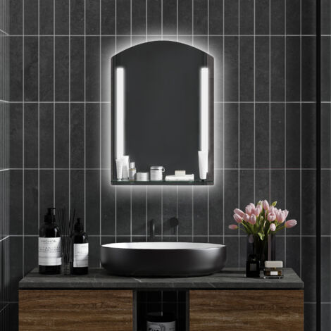 Espejo de Baño con Luces LED 70x50 cm Interruptor Táctil Iluminación Regulable y Estante de Vidrio Plata