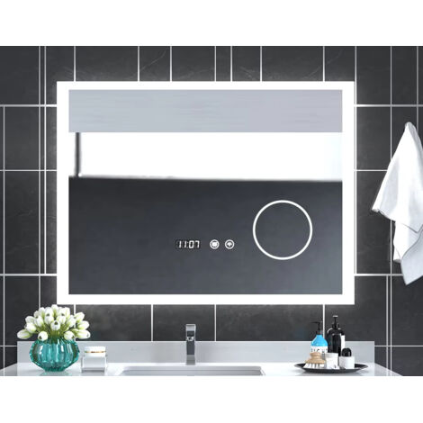 Espejo de baño LED con interruptor táctil, iluminación regulable y función antivaho, reloj USB integrado y fusible, ideal para baños grandes.