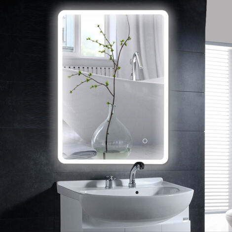 Espejo de baño LED rectangular con esquinas redondeadas, blanco frío, 50×70 cm