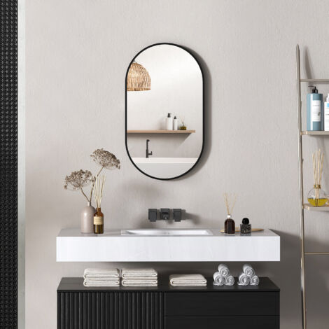 Espejo de Baño Ovalado 40x70 cm Espejo Decorativo de Pared con Marco de Aluminio para Salón Horizontal o Vertical Negro