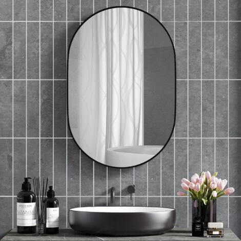 Espejo de Baño Ovalado 60x90 cm Espejo Decorativo de Pared con Marco de Aluminio para Salón Horizontal o Vertical Negro