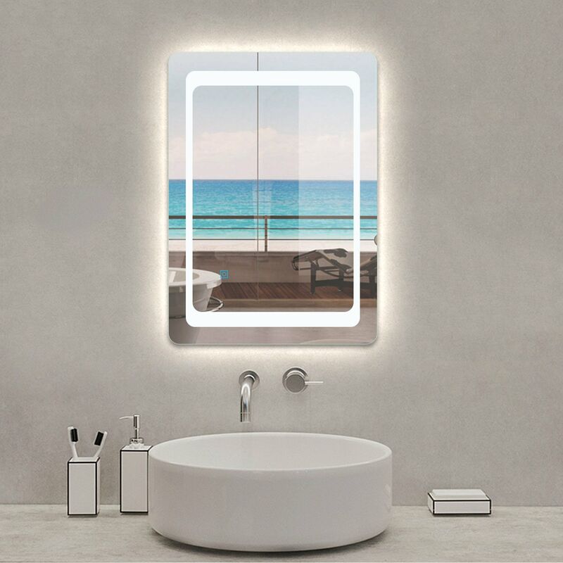 

70X50cm Espejo de Baño con Iluminación LED Luz Espejo Interruptor Táctil con Antiniebla Montado en Pared