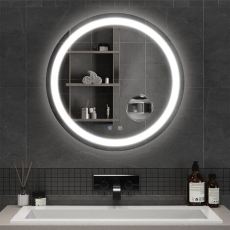 Espejo de baño redondo LED de 60 cm, espejo de pared con iluminación, interruptor táctil y antivaho, lupa 5X desmontable con brillo ajustable.