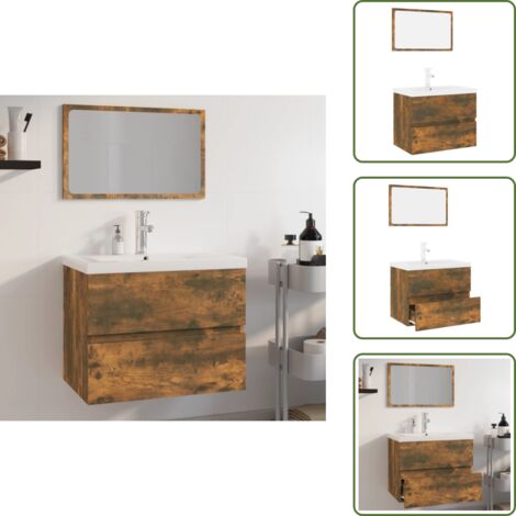 Espejo de baño - vidaXL Set de muebles de baño madera contrachapada color roble ahumado - Lavabo empotrado