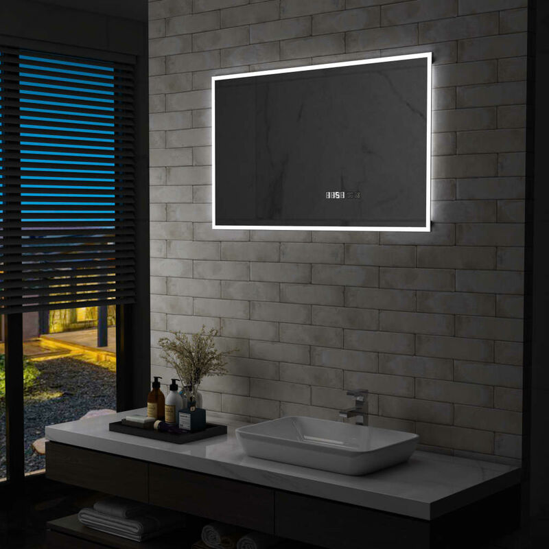 

Espejo de baño con LED, sensor táctil y reloj 100x60 cm - Plateado