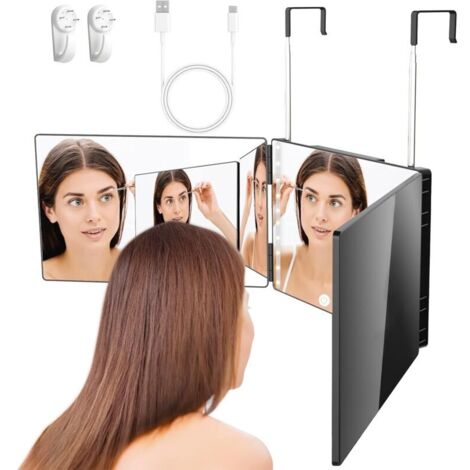 Espejo de barbero de 360°, espejo de barbero para hombre, espejo de 3 vías, recortador de selfis de 360 grados, con gancho, altura ajustable, espejo de barbero para afeitarse y maquillarse.