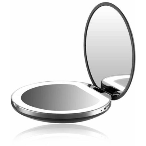 Espejo de bolsillo con luz LED de aumento 1X/3X, espejo de maquillaje de mano grande con luz natural, compacto y portátil para viajes (negro)