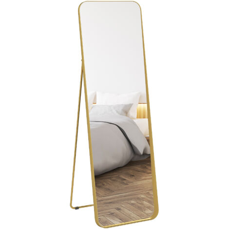 Espejo de cuerpo entero ajustable  Marco de metal y MDF  160 x 50 cm  Dorado  Dormitorio y sala de estar  Ángulo ajustable
