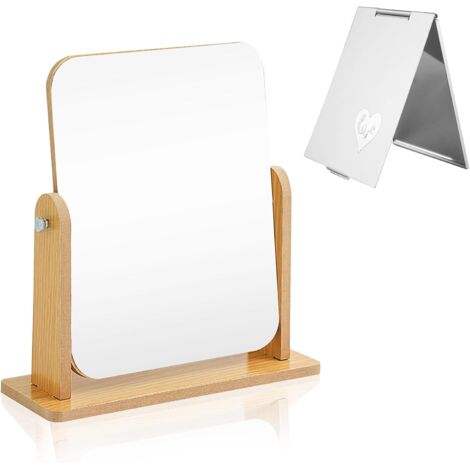 Espejo de Escritorio de Madera Giratorio de 360 Grados con Soporte, con Espejo Plegable Portátil, Espejo de Maquillaje, Espejo Cosmético