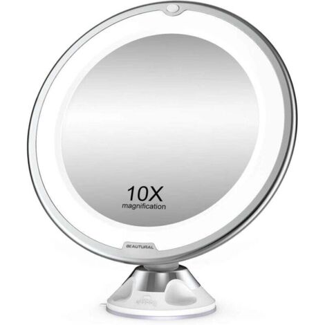 Espejo de maquillaje con aumento de 10x con luces LED, 1 rótula, ajustable 360°, espejo cosmético portátil para baño y viajes