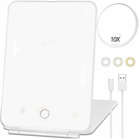 Espejo de maquillaje con aumento de 10x, espejo de tocador, espejo LED compacto, espejo cosmético portátil con 3 luces de colores.