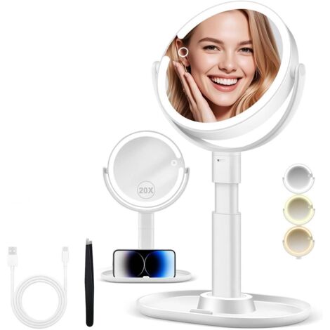 Espejo de maquillaje con aumento de 20X/1X e iluminación, espejo de tocador de doble cara con brillo ajustable en 3 colores, rotación de 360°, altura ajustable, recargable, soporte y bandeja para telé