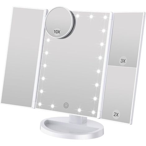Espejo de maquillaje con brillo ajustable, 22 LED y aumento de 1X/2X/3X, doble fuente de alimentación (blanco)