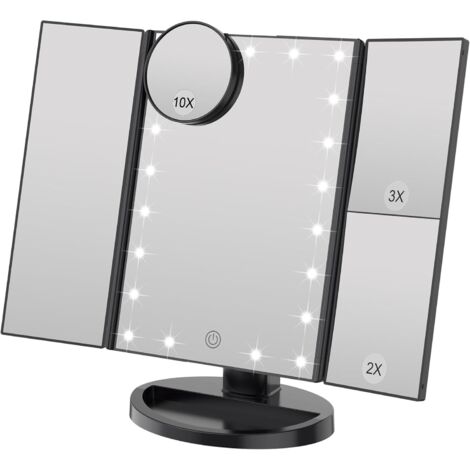 Espejo de maquillaje con brillo ajustable, 22 LED y aumento de 1X/2X/3X, doble fuente de alimentación (negro)