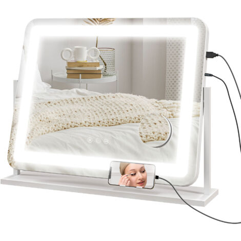 Espejo de maquillaje con luz espejo de tocador giratorio 58x46 cm con 3 modos de iluminación ajustables interruptor táctil espejo de aumento blanco