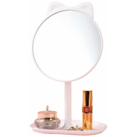 Espejo de maquillaje de mesa auxiliar con asa - Orejas de gato blancas + peine