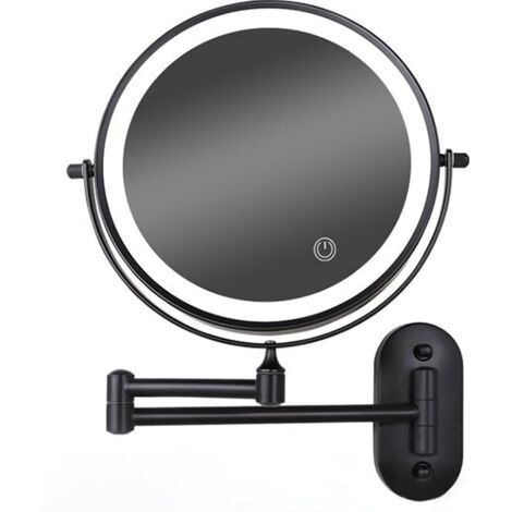 Espejo de maquillaje de pared LED de 8 pulgadas, regulable, doble cara, aumento de 5x (negro)