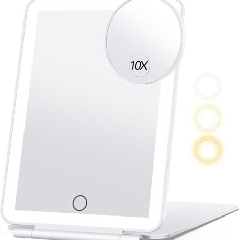 Espejo de maquillaje de viaje con aumento de 10x, espejo cosmético con luz de 3 colores, espejo de maquillaje portátil con luz (blanco)