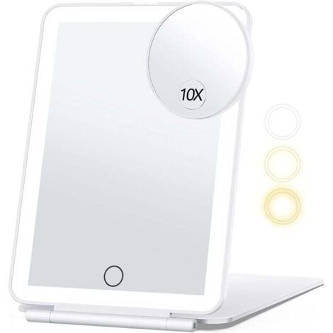 Espejo de maquillaje de viaje KZQ con aumento de 10x, espejo cosmético con luz de 3 colores, espejo de maquillaje portátil con luz (blanco)