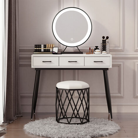 Tocador con taburete y espejo con luz LED para maquillaje, color blanco 