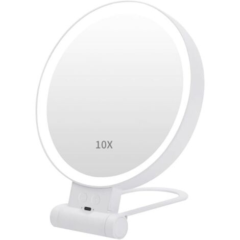 Espejo de maquillaje LED con iluminación y aumento de 10x, doble cara, para tocador, control táctil, para un cuidado preciso de la piel (marco blanco)