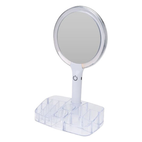 Espejo de maquillaje LED inteligente de doble cara con función de almacenamiento y atenuación, blanco