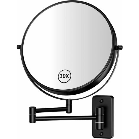 Espejo de maquillaje montado en la pared de tamaño grande de 9 pulgadas con aumento de 1X/10X Espejo de tocador giratorio de 360° de doble cara, espejo cosmético de baño pulido extensible montado en l