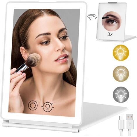 Espejo de maquillaje recargable con aumento 1X/3X para viajes, doble cara, iluminación de 3 colores, pantalla táctil regulable, espejo de maquillaje plegable portátil.