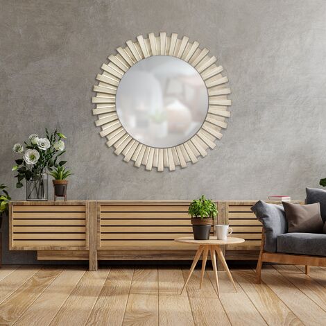 Espejo de pared circular para decoración del hogar, espejo redondo de  madera cruda para decoración de pared de baño, espejo de marco de madera  para