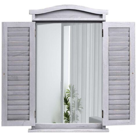 Espejo de pared con contraventanas de madera gris – 71×46×5 cm – Estilo vintage para baño, entrada o salón 040007889