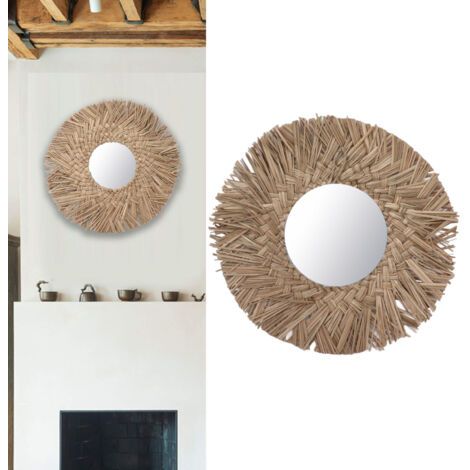 Espejo de pared decorativo hecho de listones de paja natural, 14 cm – Decoración moderna y actual para dormitorio tipo estudio