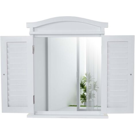 Espejo de pared diseño ventana con contraventanas 53x42x5cm madera maciza de paulownia y MDF blanco 040003704